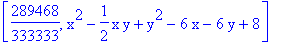 [289468/333333, x^2-1/2*x*y+y^2-6*x-6*y+8]